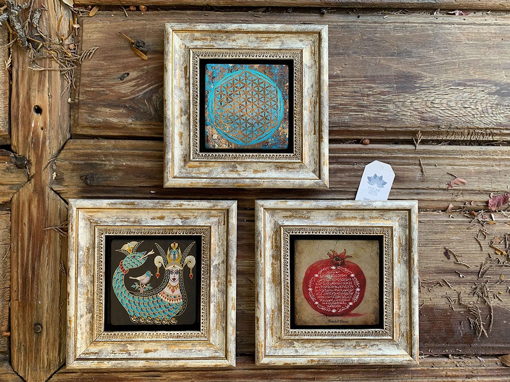 Oscar Stone Decor Çerçeveli Taş Duvar Dekoru Tablo 3'lü Set 20x20cm Yaşam Çiçeği Nar Dua Şahmeran
