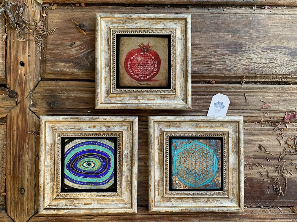 Oscar Stone Decor Çerçeveli Taş Duvar Dekoru Tablo 3'lü Set 20x20cm Nar Dua Yaşam Çiçeği Nazar Göz