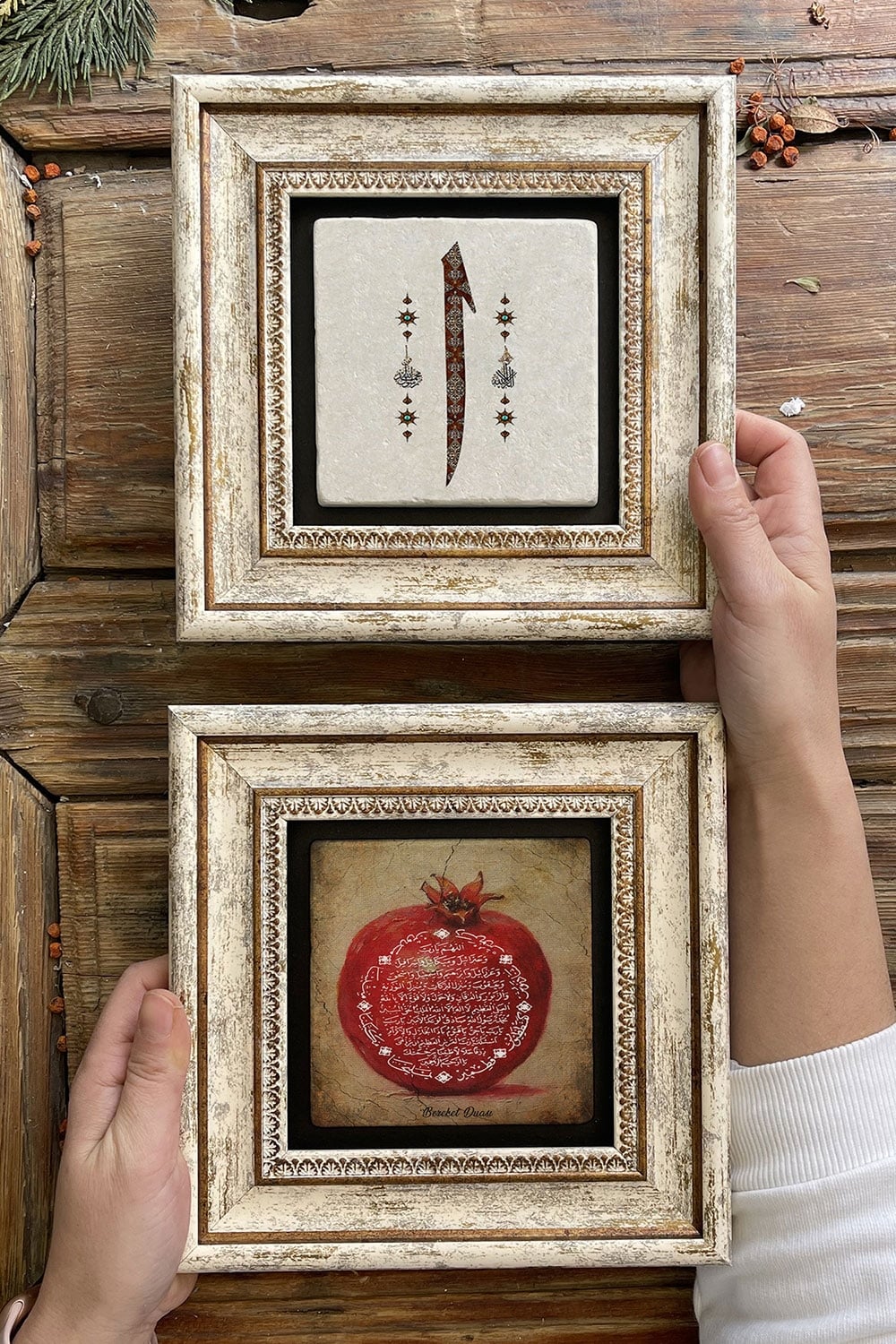 Oscar Stone Decor Çerçeveli Taş Duvar Dekoru Tablo 20x20cm 2'li Set (1104-321) Bereket Nar Elif