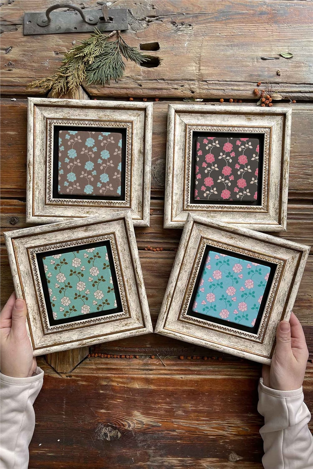 Oscar Stone Decor Çerçeveli Taş Tablo Duvar Dekoru 20x20cm 4'lü Set Çiçek Seti
