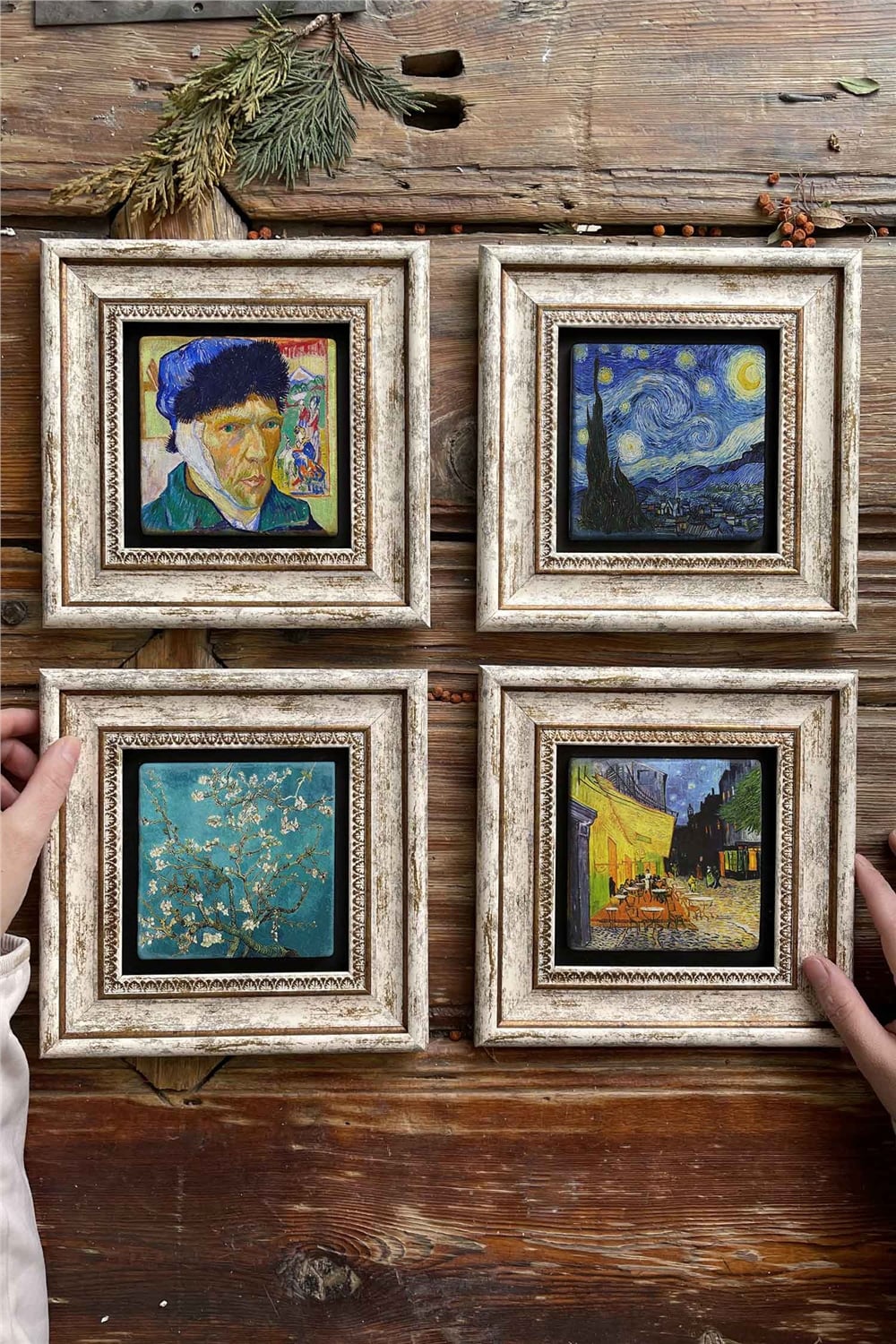 Oscar Stone Decor Çerçeveli Taş Tablo Duvar Dekoru 20x20cm 4'lü Set Van Gogh Tabloları