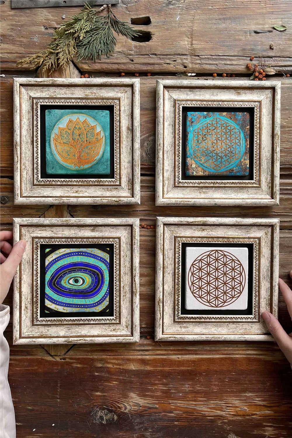 Oscar Stone Decor Çerçeveli Taş Tablo Duvar Dekoru 20x20cm 4'lü Set Lotus Yaşam Çiçeği Nazar