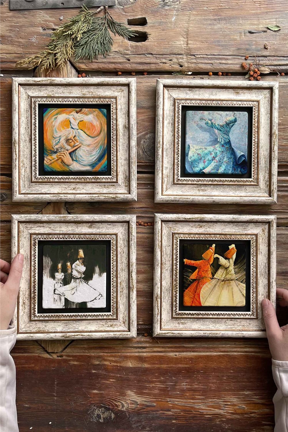 Oscar Stone Decor Çerçeveli Taş Tablo Duvar Dekoru 20x20cm 4'lü Set Semazen Seti