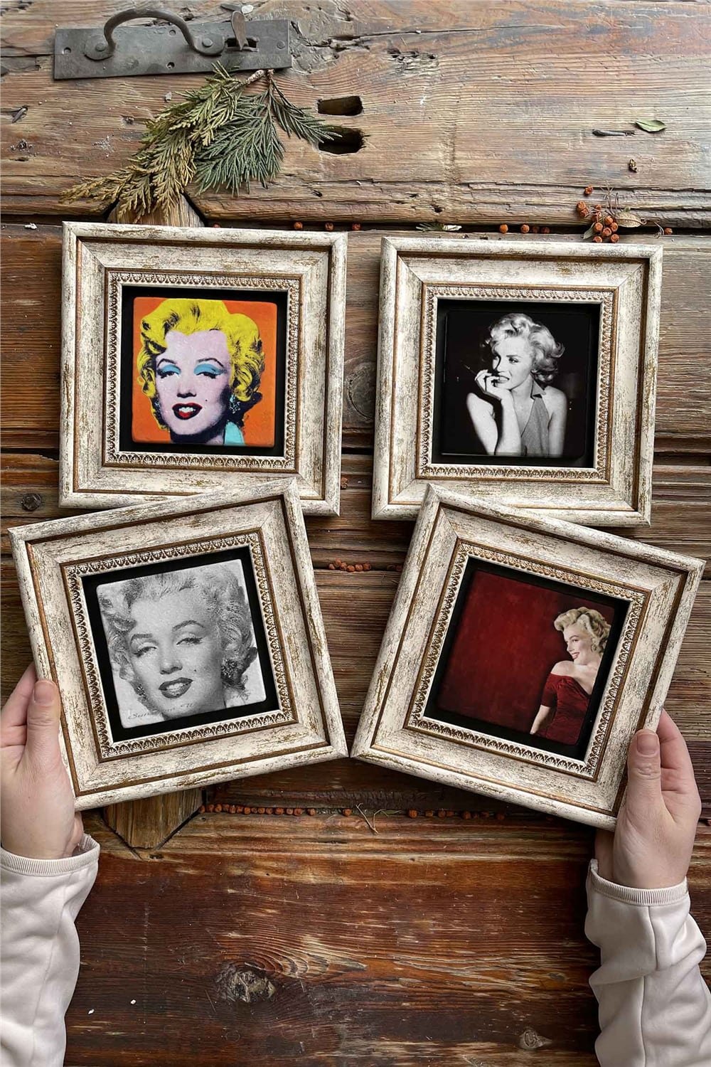 Oscar Stone Decor Çerçeveli Taş Tablo Duvar Dekoru 20x20cm 4'lü Set Marilyn Monreo Set