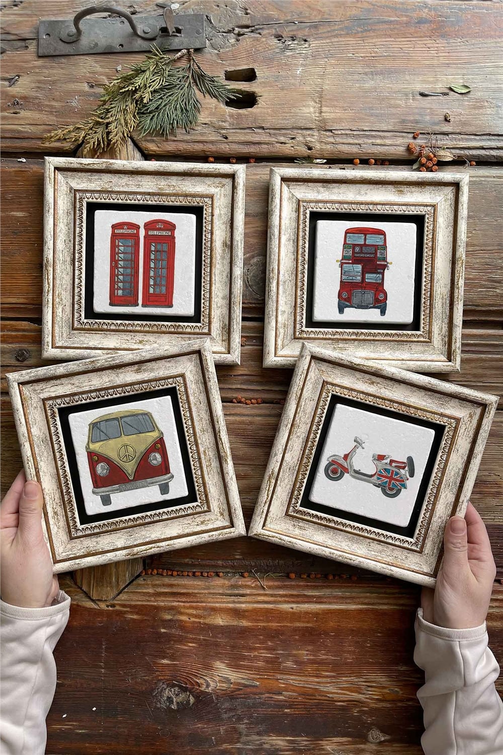 Oscar Stone Decor Çerçeveli Taş Tablo Duvar Dekoru 20x20cm 4'lü Set London Set