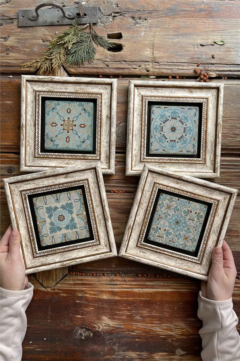 Oscar Stone Decor Çerçeveli Taş Tablo Duvar Dekoru 20x20cm 4'lü Set Desen Seti