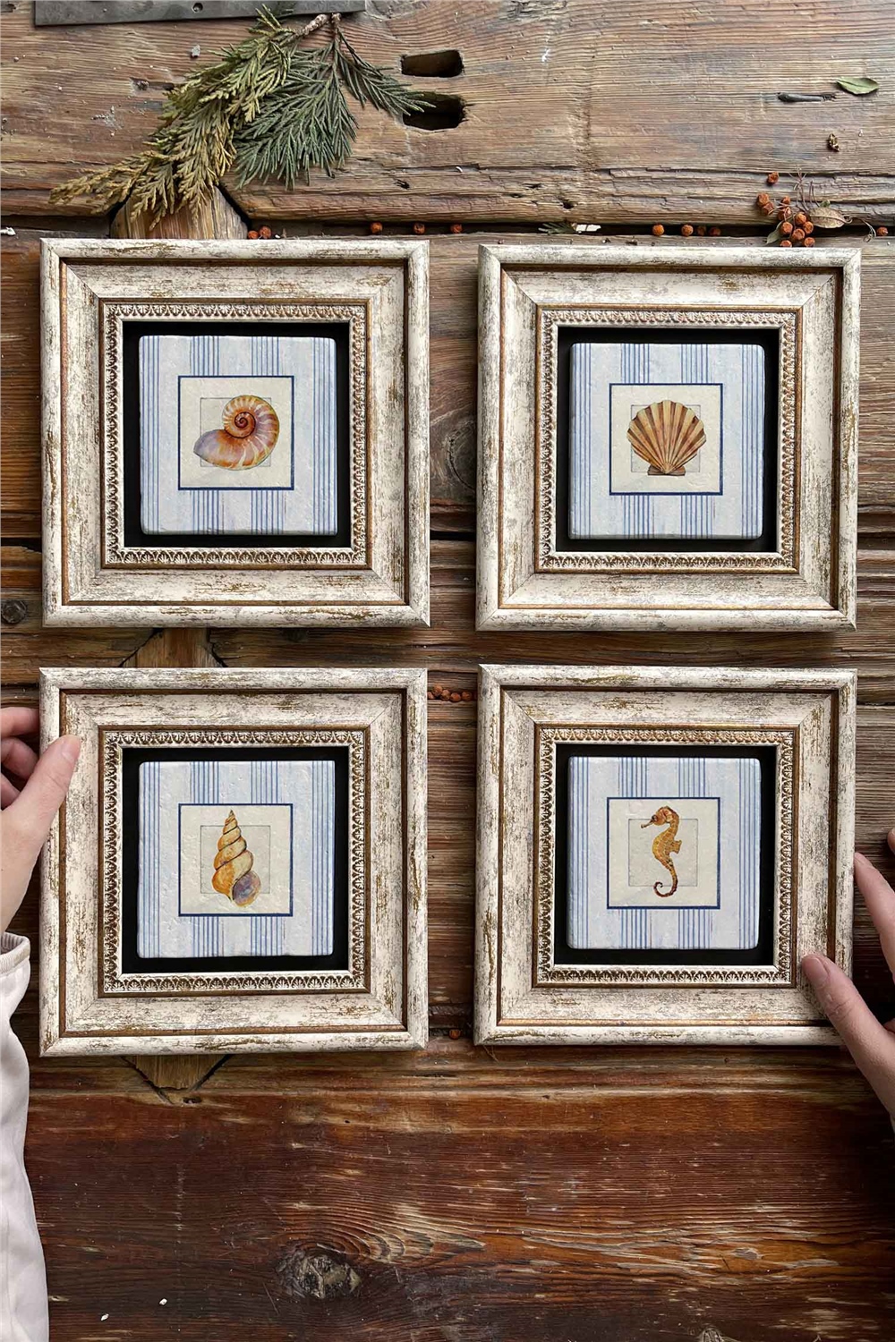 Oscar Stone Decor Çerçeveli Taş Tablo Duvar Dekoru 20x20cm 4'lü Set