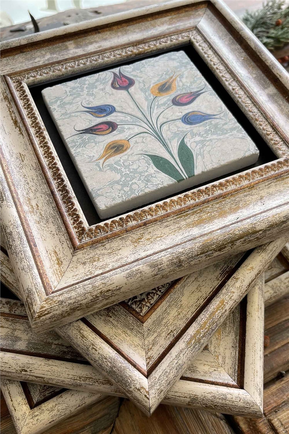 Oscar Stone Decor Çerçeveli Taş Tablo 20x20cm 4'lü Set(496-499-321-60)Lale Ebruli Elif Semazen