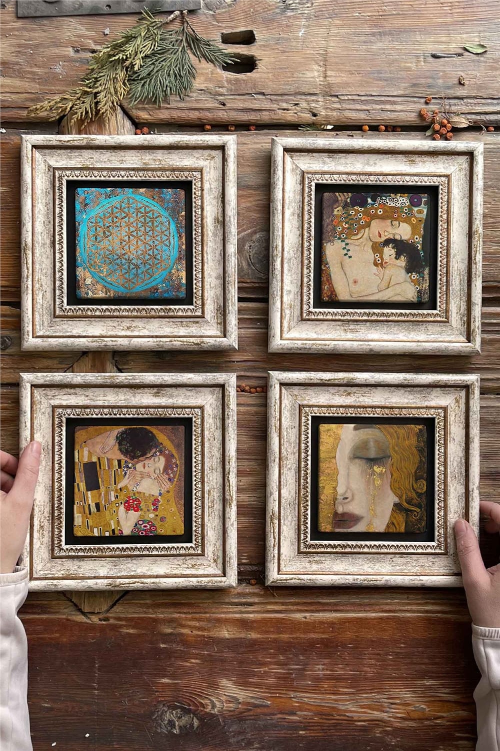 Oscar Stone Decor Çerçeveli Taş Tablo Duvar Dekoru 20x20cm 4'lü Set Gustav Klimt Yaşam Çiçeği