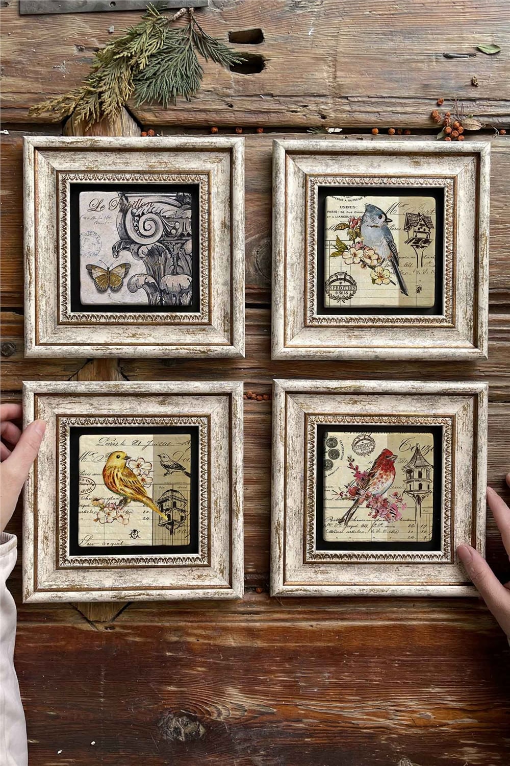 Oscar Stone Decor Çerçeveli Taş Tablo Duvar Dekoru 20x20cm 4'lü Set Kuşlar