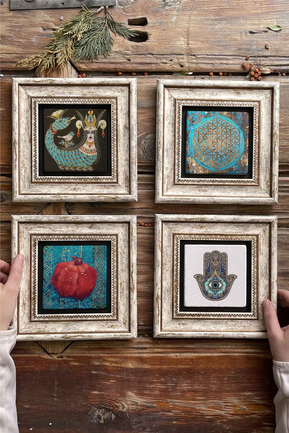 Oscar Stone Decor Çerçeveli Taş Tablo 20x20cm 4'lü Set(1213-1090-480-114)Şahmeran Nar Fatma Ana