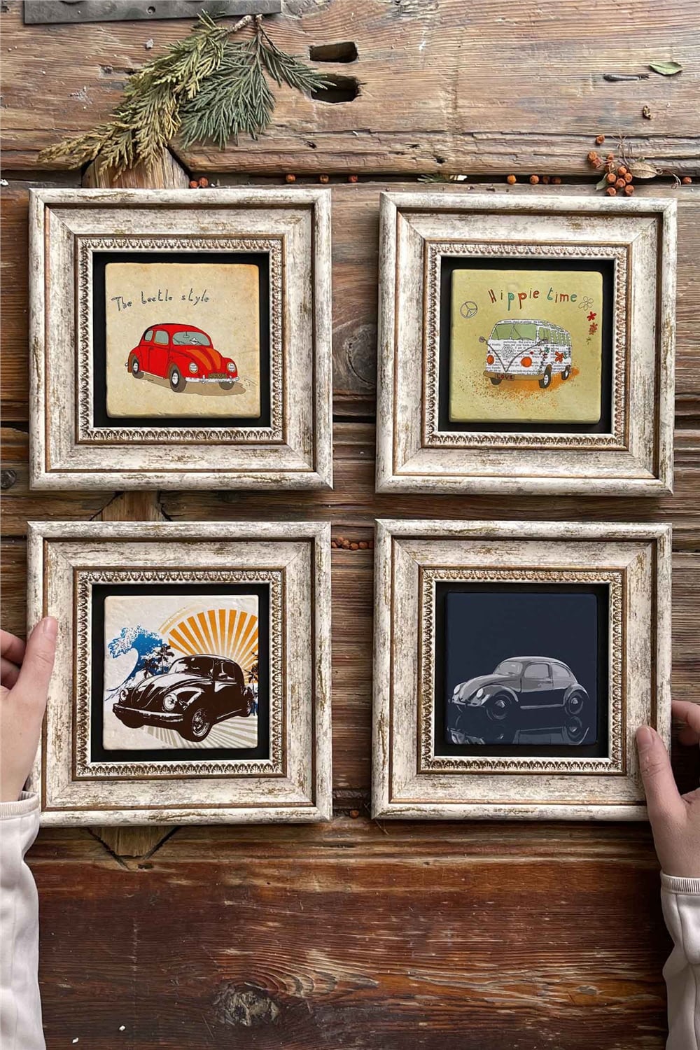 Oscar Stone Decor Çerçeveli Taş Tablo Duvar Dekoru 20x20cm 4'lü Set Vosvos Tosbağa Buggy
