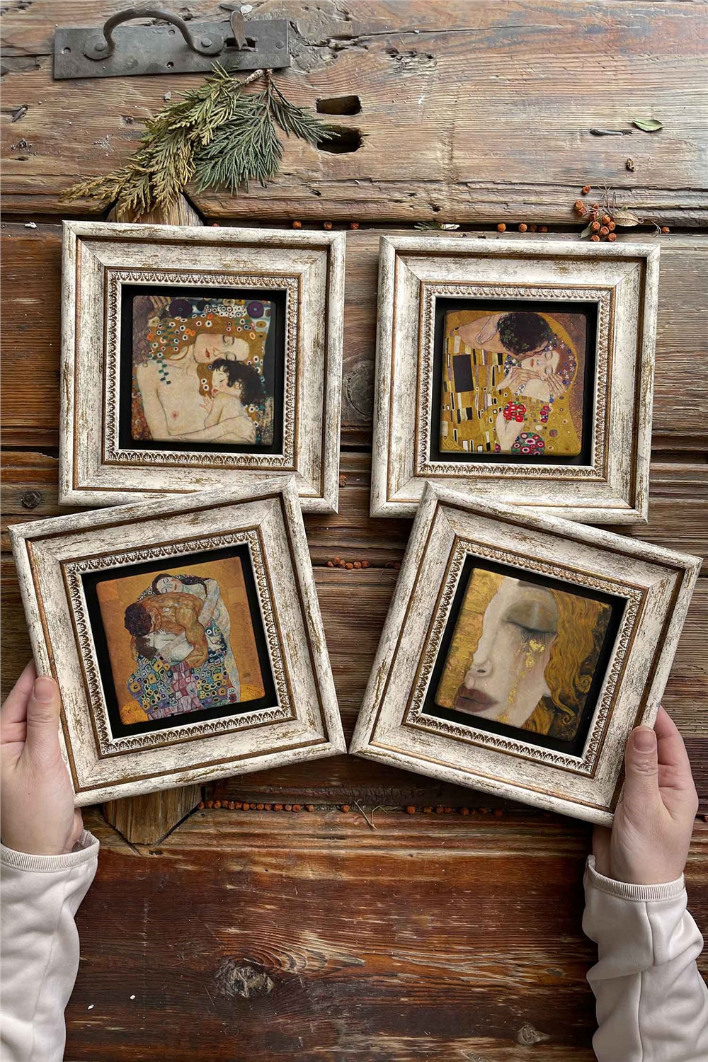 Oscar Stone Decor Çerçeveli Taş Tablo Duvar Dekoru 20x20cm 4'lü Set Gustav Klimt Son Öpücük