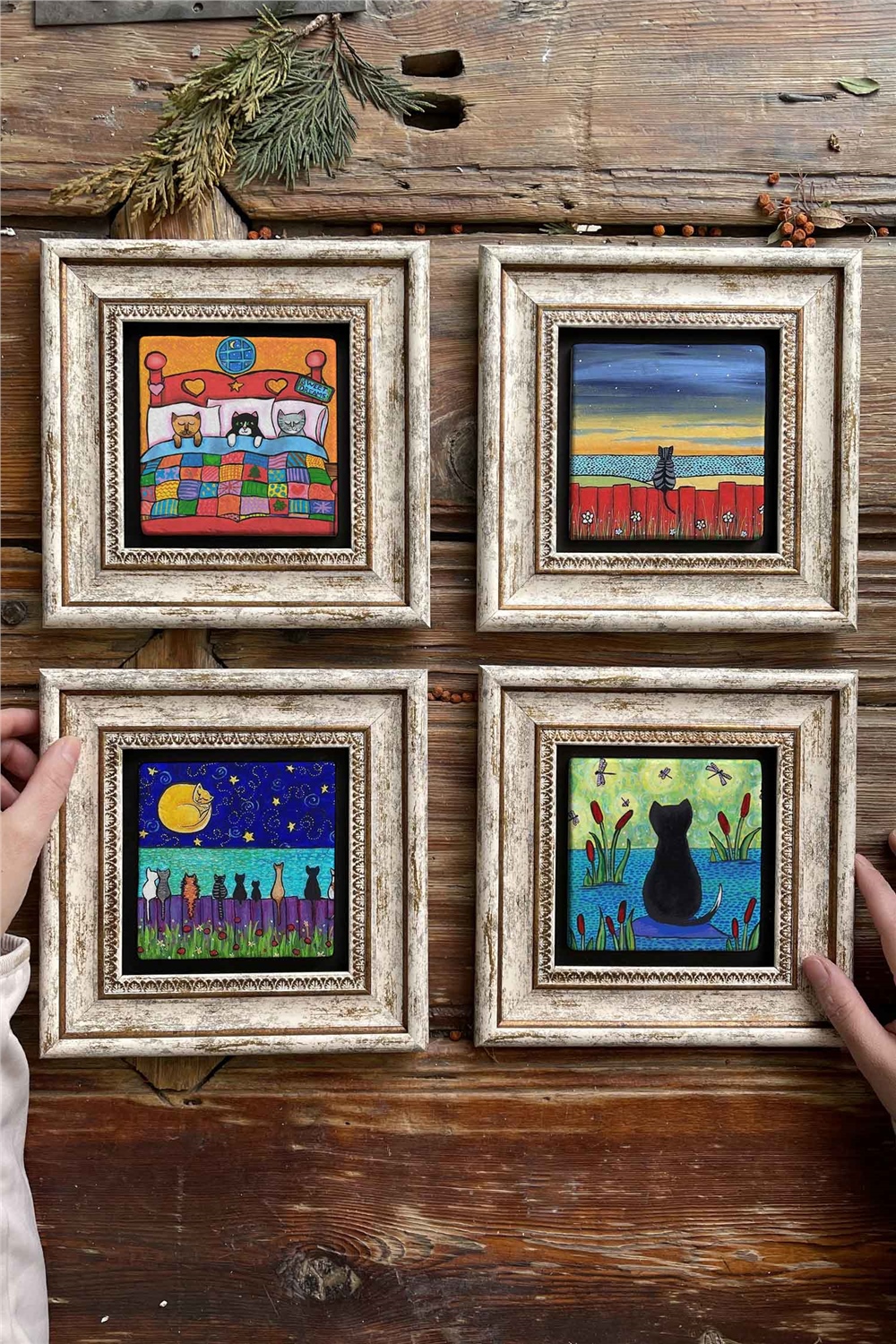 Oscar Stone Decor Çerçeveli Taş Tablo Duvar Dekoru 20x20cm 4'lü Set Kedi Seti Cat Set