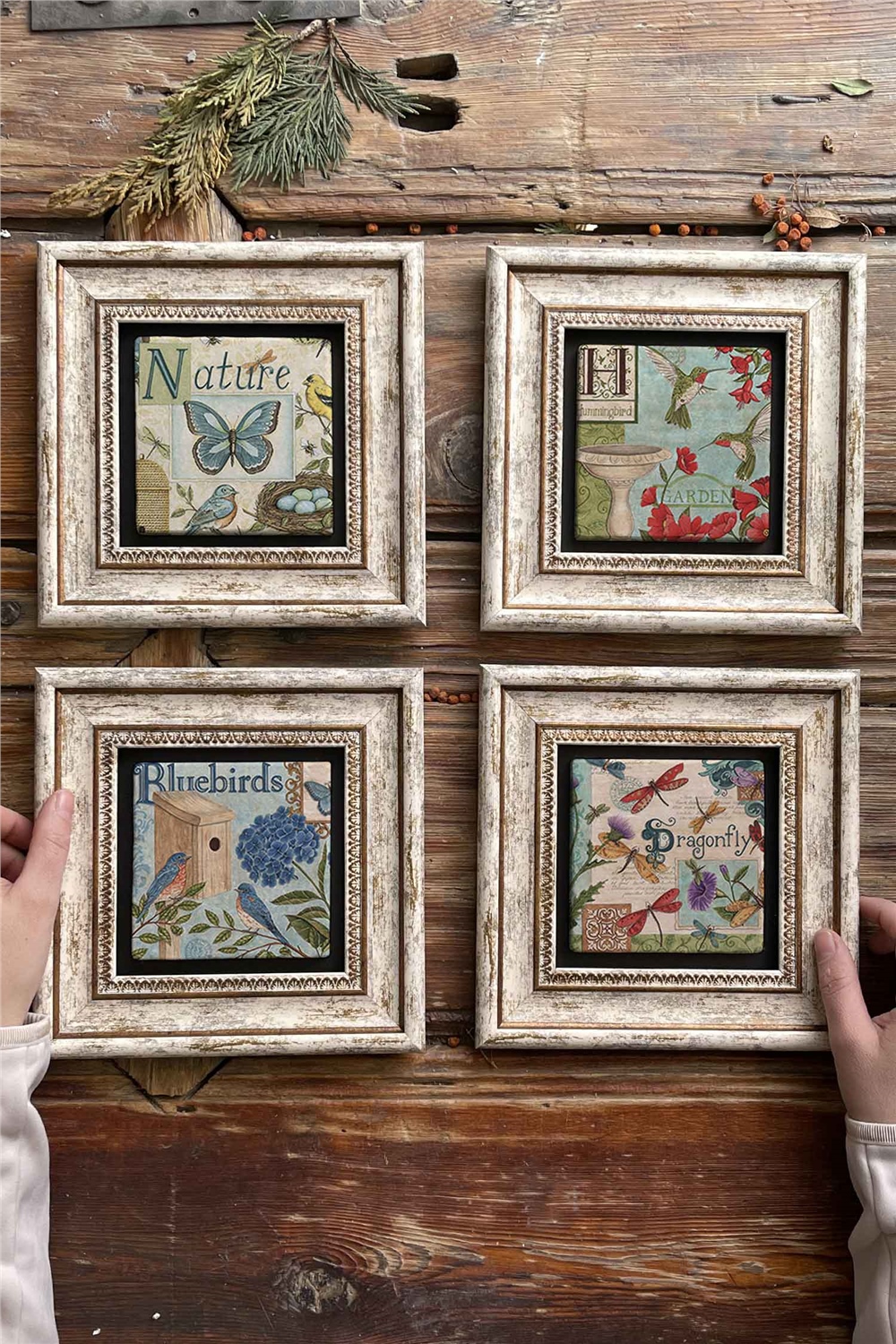 Oscar Stone Decor Çerçeveli Taş Tablo Duvar Dekoru 20x20cm 4'lü Set Kuş ve Kelebek Seti