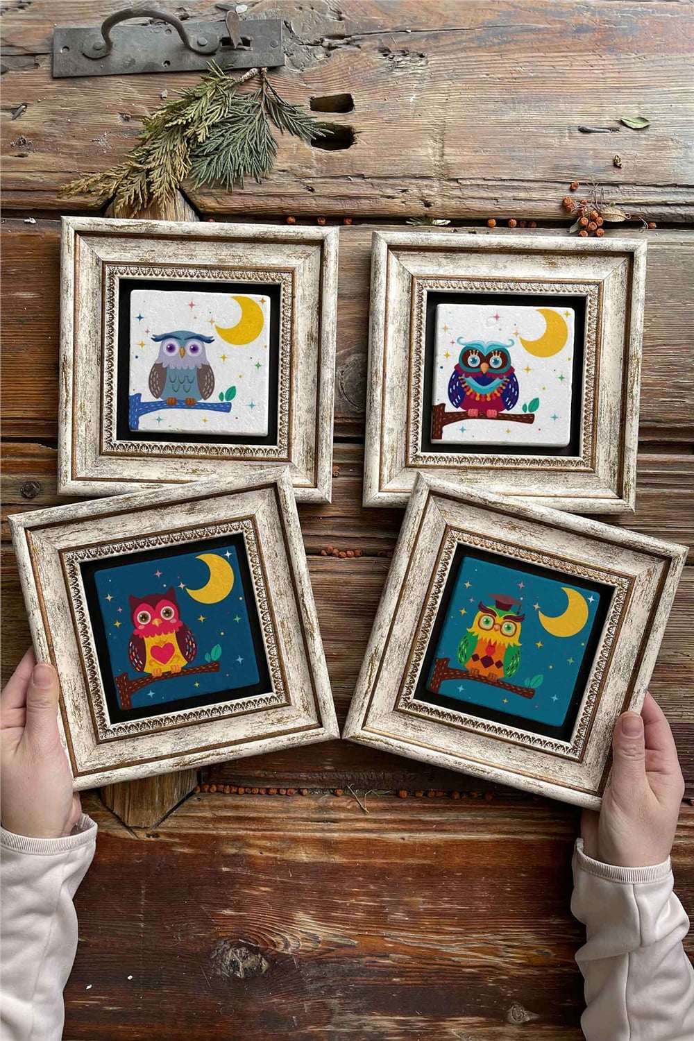 Oscar Stone Decor Çerçeveli Taş Tablo Duvar Dekoru 20x20cm 4'lü Set Baykuş Seti