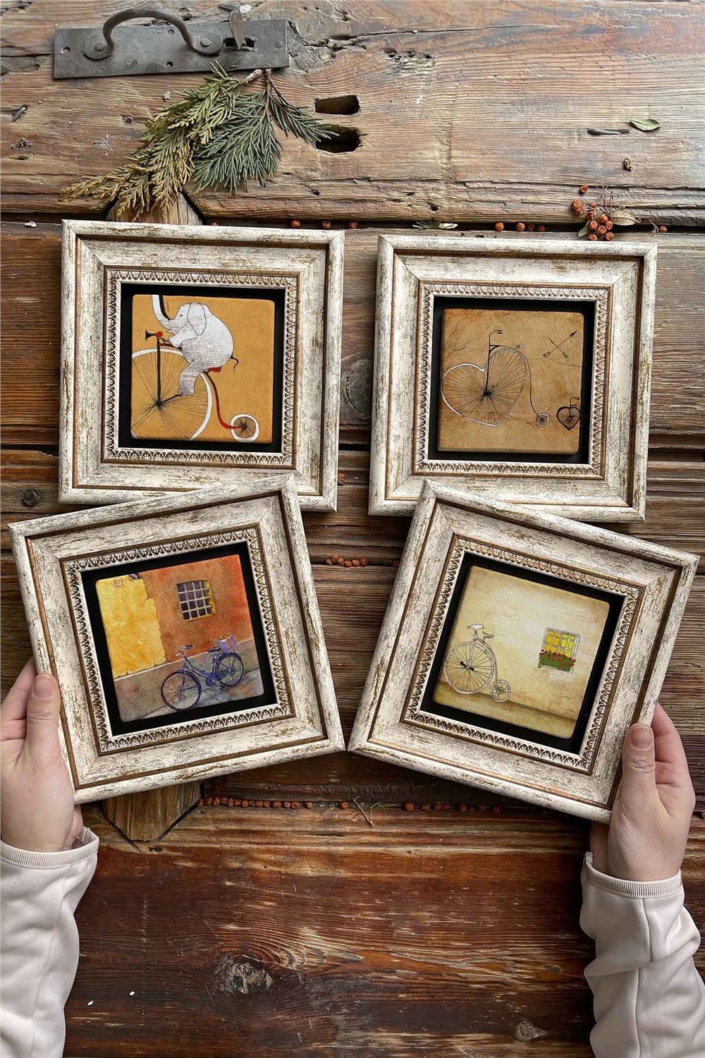 Oscar Stone Decor Çerçeveli Taş Tablo Duvar Dekoru 20x20cm 4'lü Set Fil Bisiklet Seti