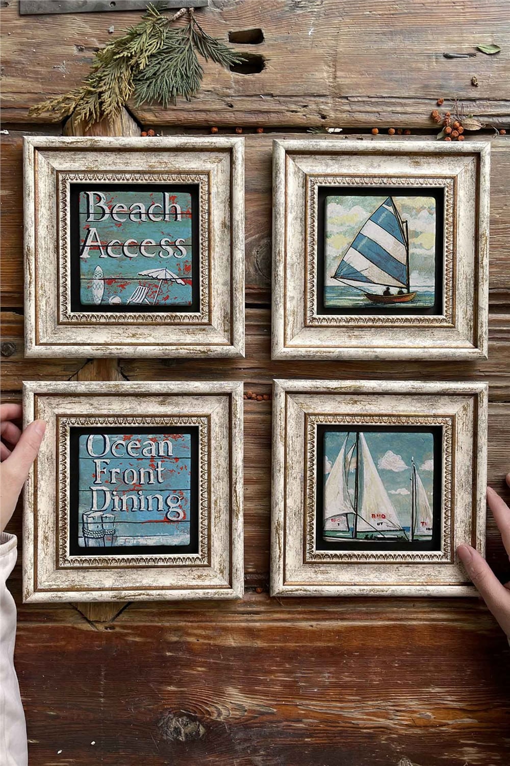 Oscar Stone Decor Çerçeveli Taş Tablo Duvar Dekoru 20x20cm 4'lü Set Sahil Yelkenli Tabloları