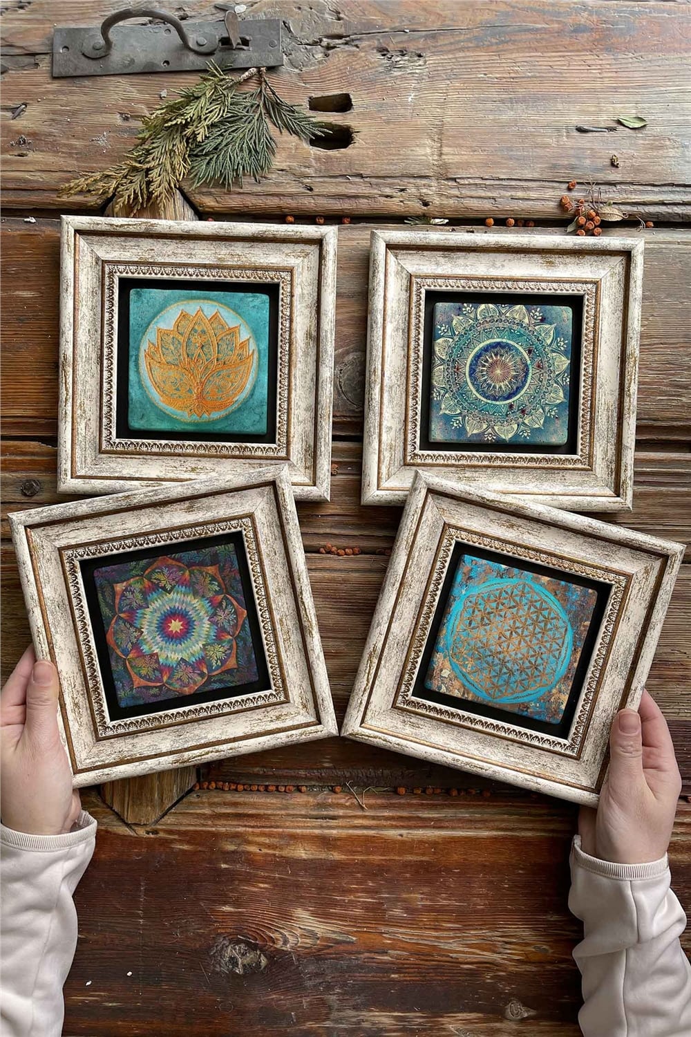 Oscar Stone Decor Çerçeveli Taş Tablo Duvar Dekoru 20x20cm 4'lü Set Lotus Çiçeği