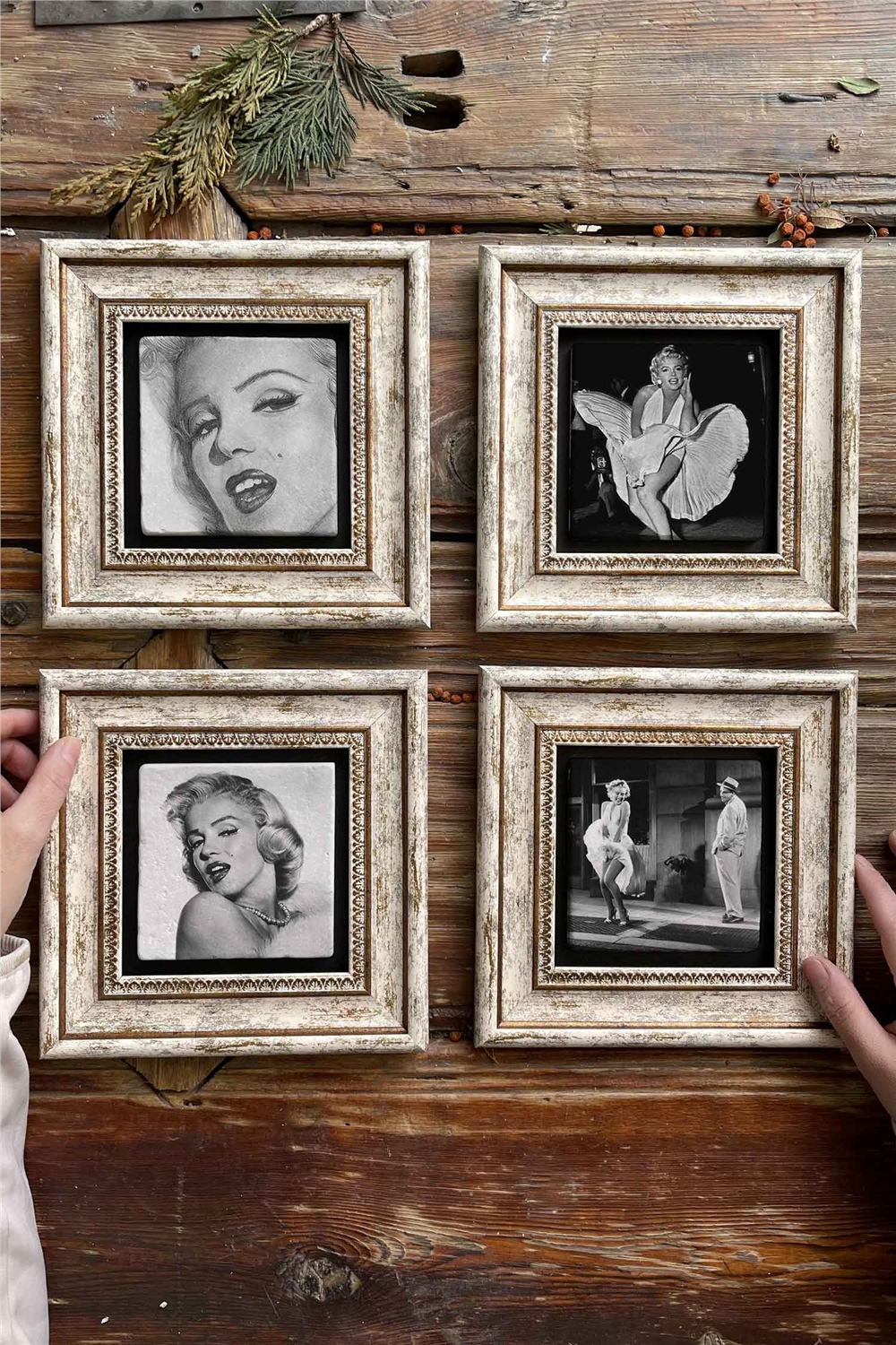Oscar Stone Decor Çerçeveli Taş Tablo Duvar Dekoru 20x20cm 4'lü Set Marilyn Monreo Set