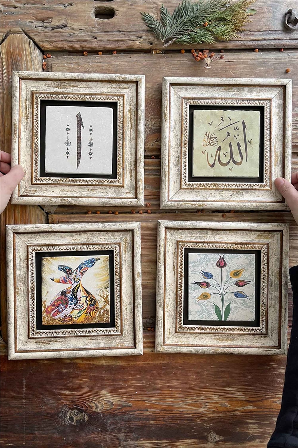 Oscar Stone Decor Çerçeveli Taş Tablo 20x20cm 4'lü Set(321-414-60-499)Elif Allah Semazen Ebruli