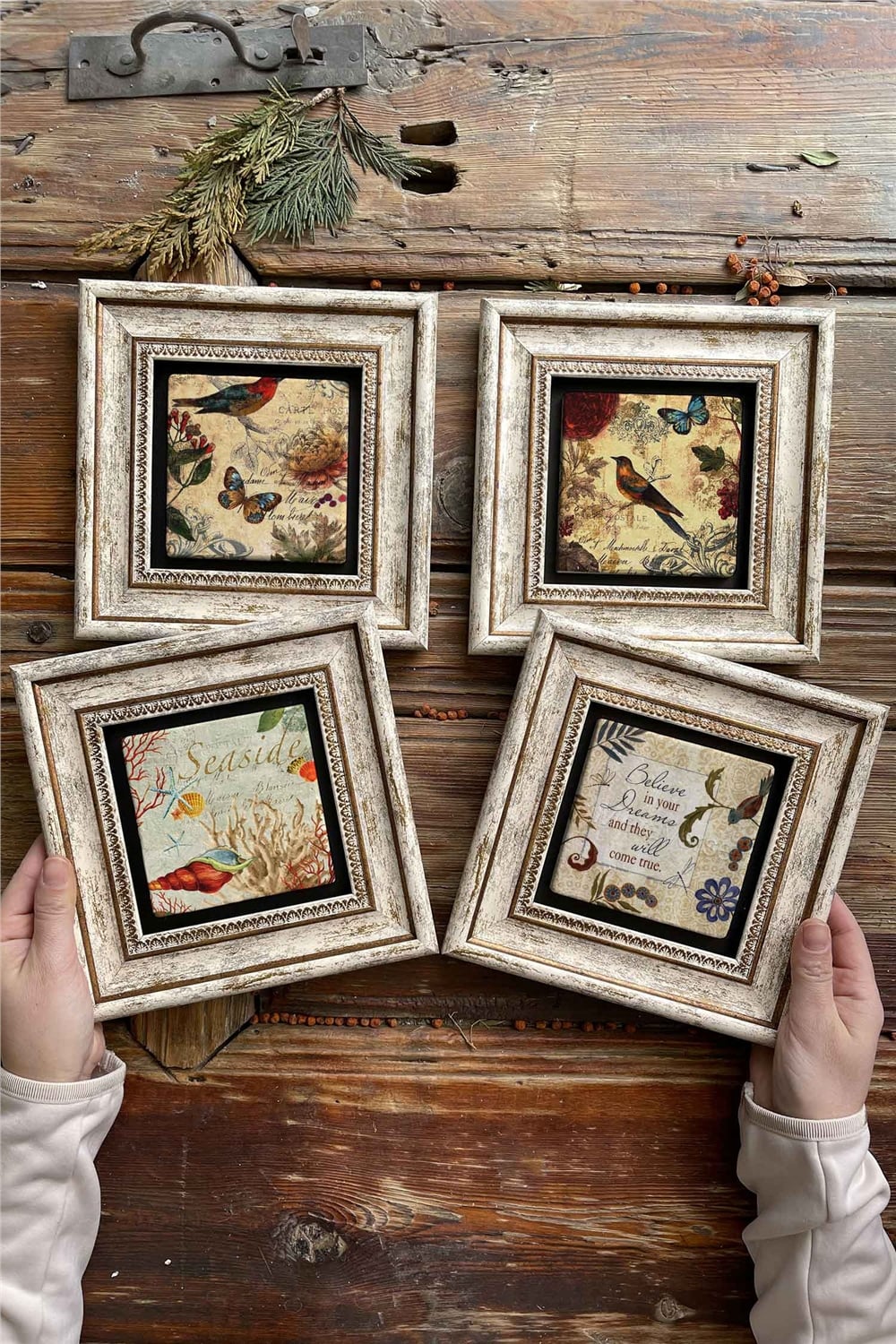 Oscar Stone Decor Çerçeveli Taş Tablo Duvar Dekoru 20x20cm 4'lü Set Bird Set