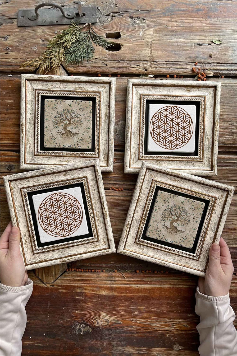 Oscar Stone Decor Çerçeveli Taş Tablo Duvar Dekoru 20x20cm 4'lü Set Hayat Ağacı Yaşam Çiçeği