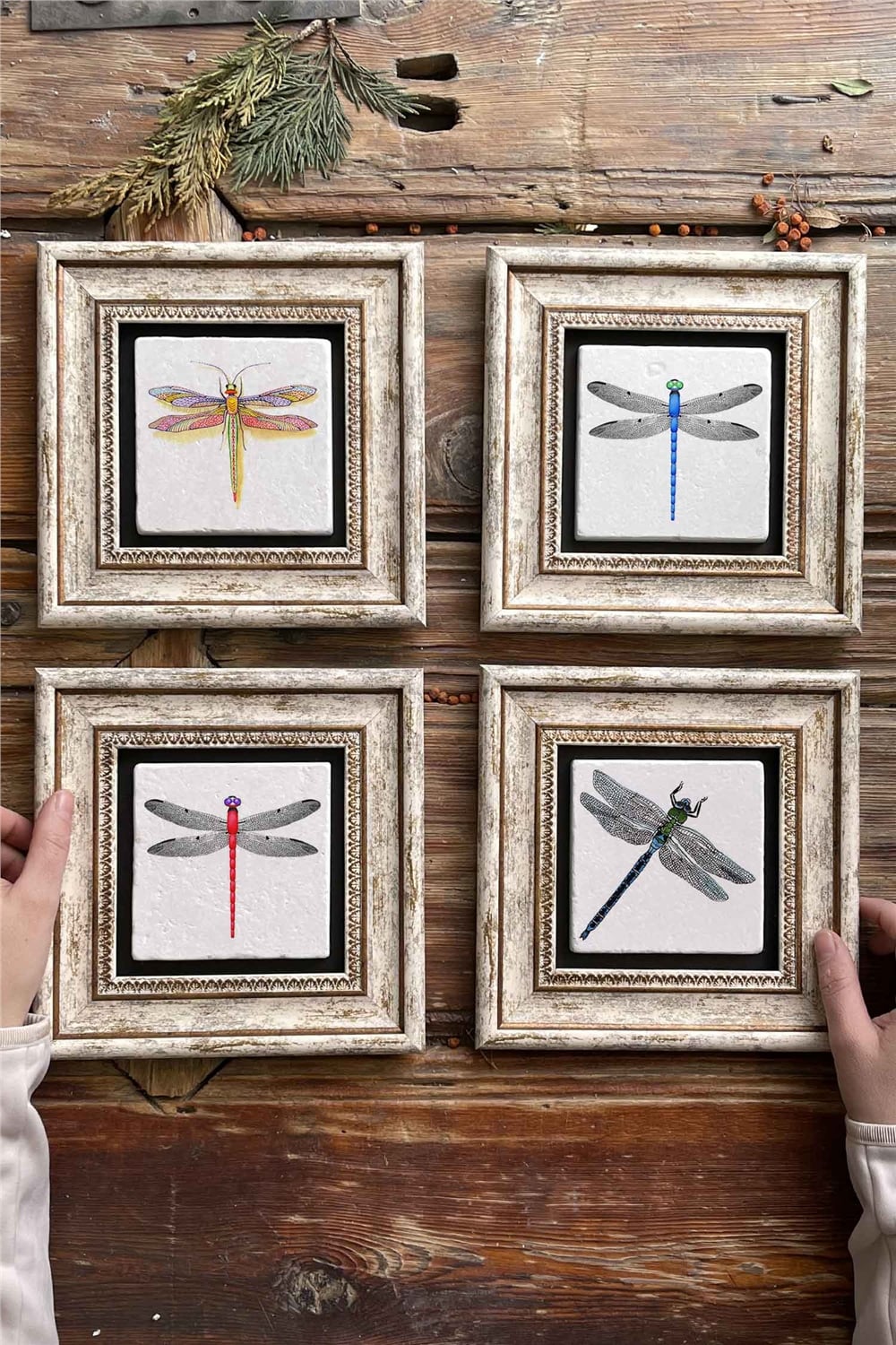 Oscar Stone Decor Çerçeveli Taş Tablo Duvar Dekoru 20x20cm 4'lü Set Yusufcuk Dragonfly Set