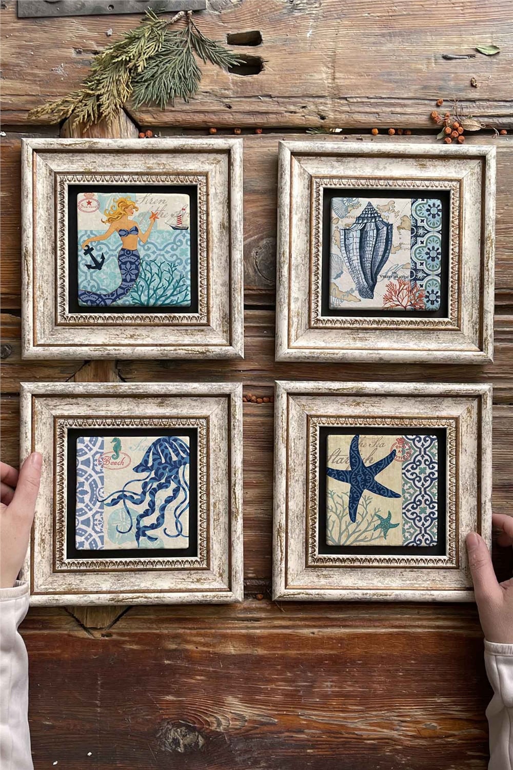 Oscar Stone Decor Çerçeveli Taş Tablo Duvar Dekoru 20x20cm 4'lü Set
