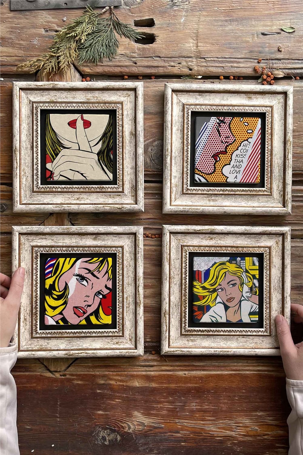 Oscar Stone Decor Çerçeveli Taş Tablo Duvar Dekoru 20x20cm 4'lü Set Pop Art Set