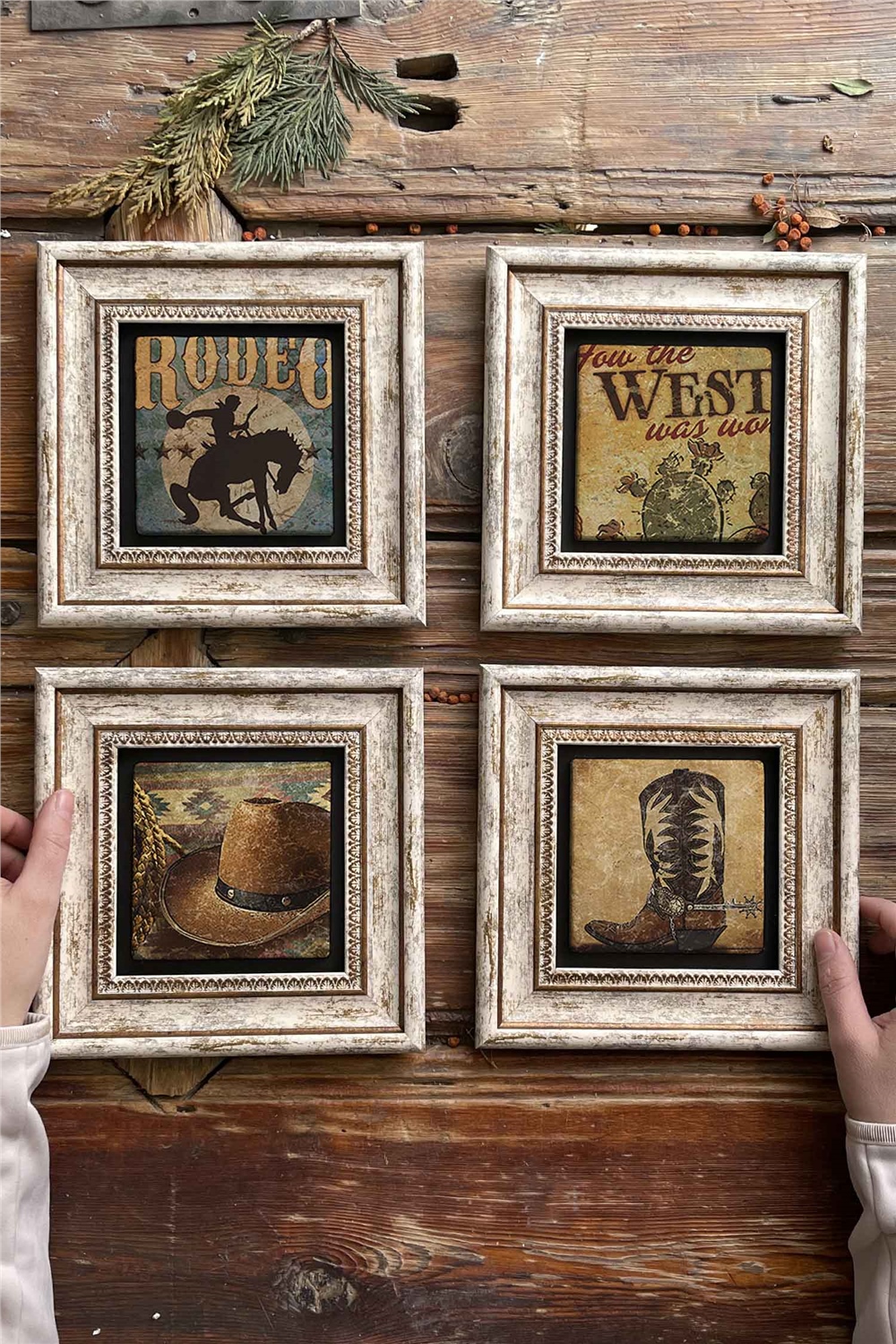 Oscar Stone Decor Çerçeveli Taş Tablo Duvar Dekoru 20x20cm 4'lü Set Rodeo West Kovboy Set
