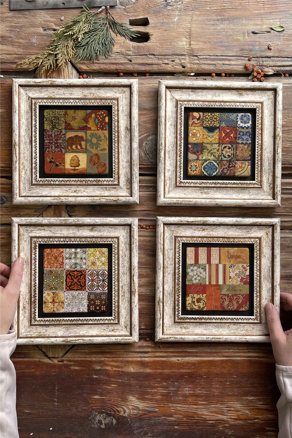 Oscar Stone Decor Çerçeveli Taş Tablo Duvar Dekoru 20x20cm 4'lü Set