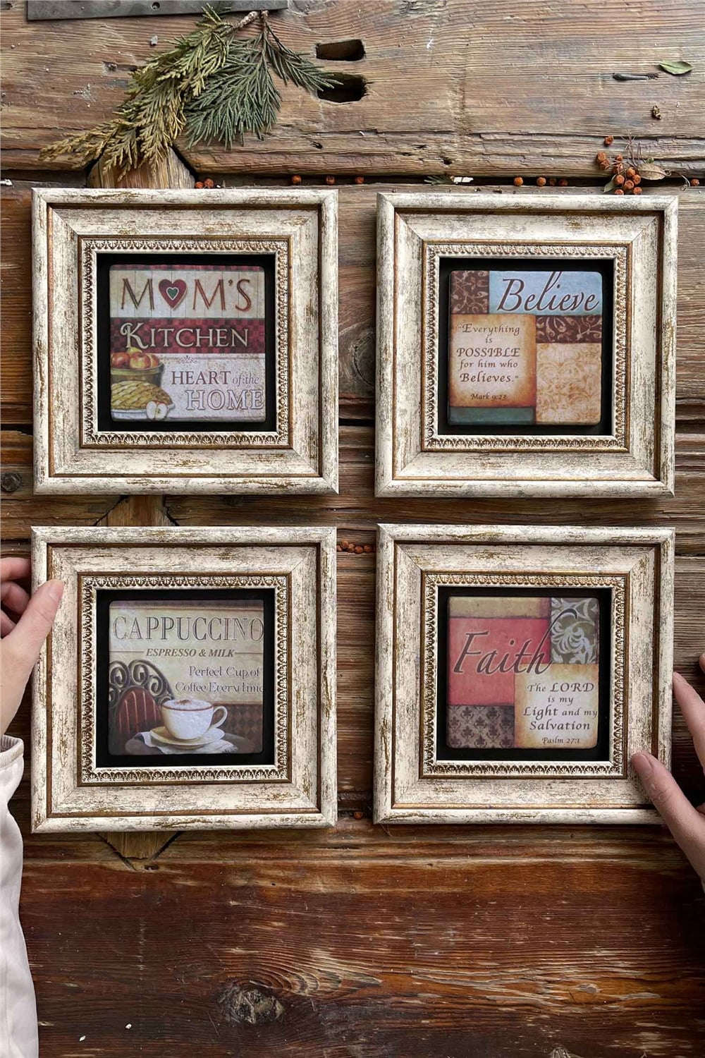 Oscar Stone Decor Çerçeveli Taş Tablo Duvar Dekoru 20x20cm 4'lü Set Faith Believe