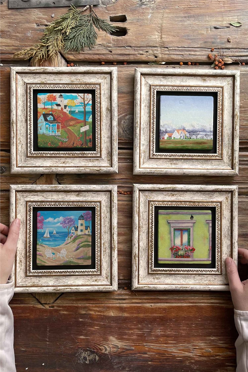 Oscar Stone Decor Çerçeveli Taş Tablo Duvar Dekoru 20x20cm 4'lü Set