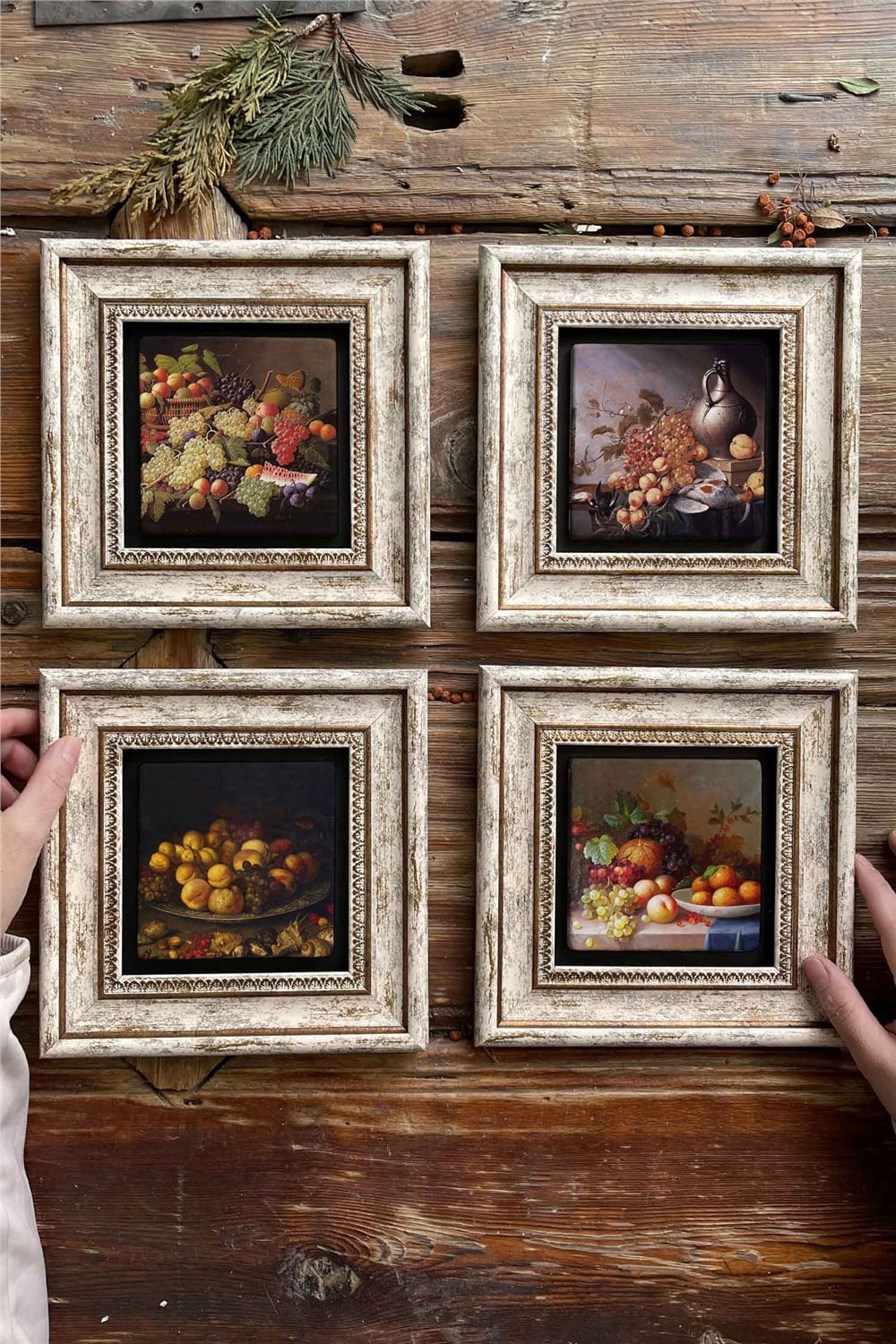 Oscar Stone Decor Çerçeveli Taş Tablo Duvar Dekoru 20x20cm 4'lü Set Meyve Tabakları Seti