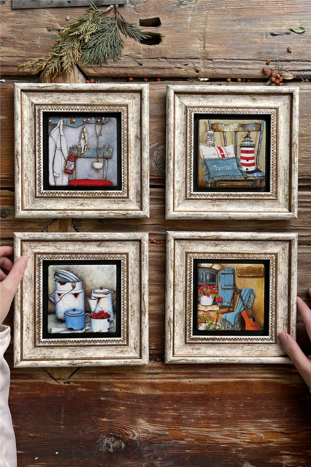Oscar Stone Decor Çerçeveli Taş Tablo Duvar Dekoru 20x20cm 4'lü Set