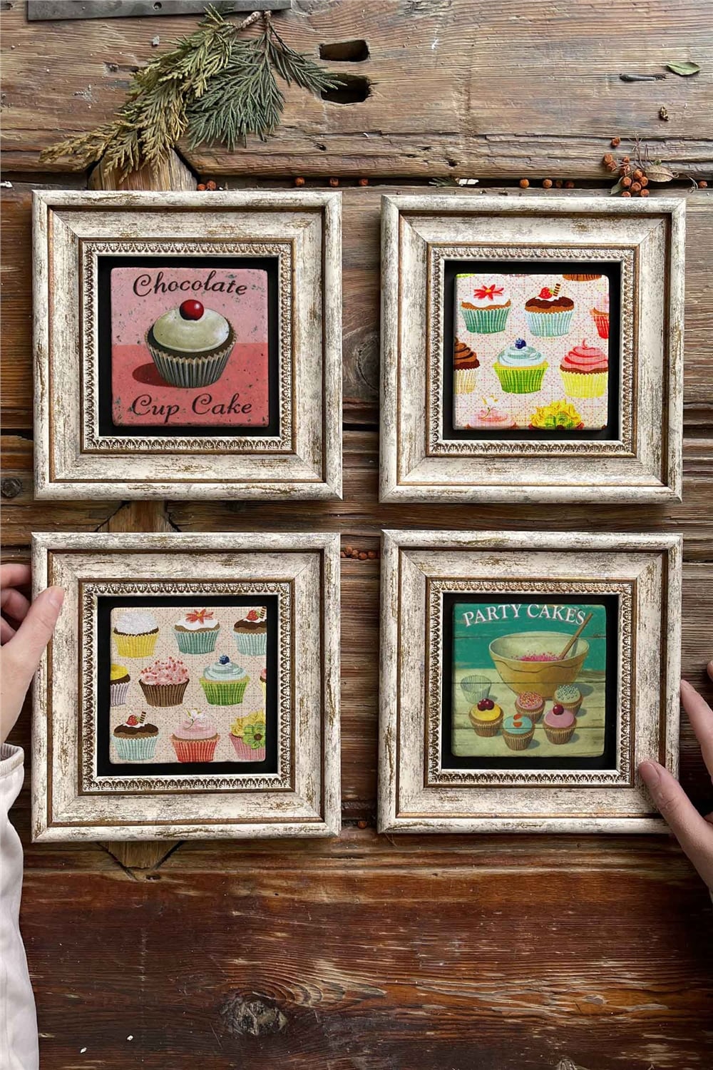 Oscar Stone Decor Çerçeveli Taş Tablo Duvar Dekoru 20x20cm 4'lü Set Cherry Cakes Cup Cakes