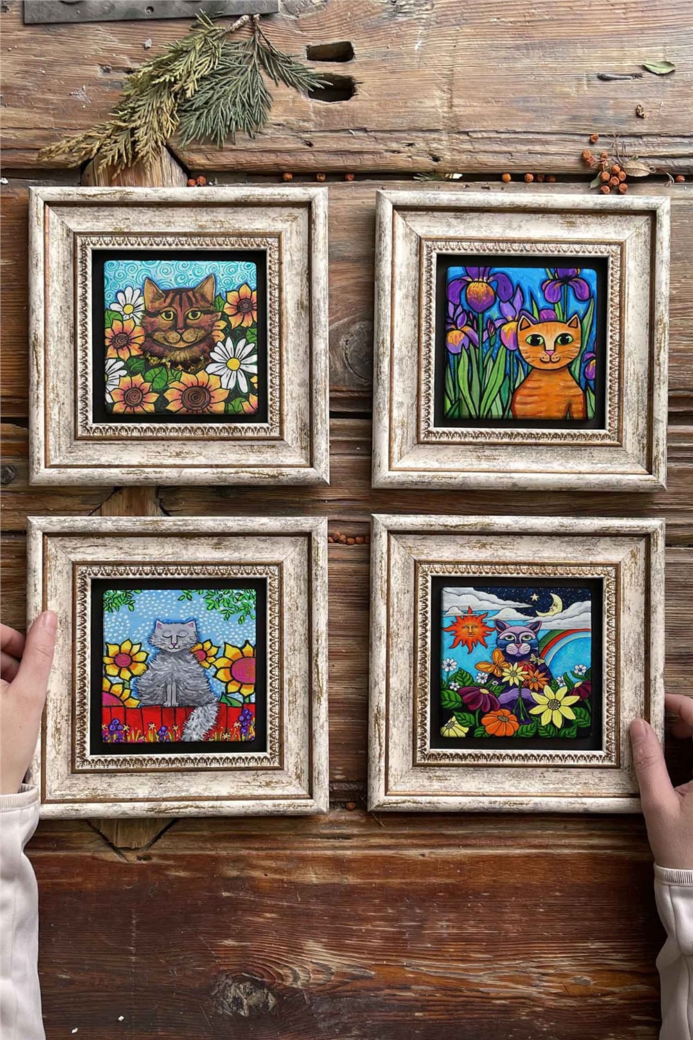 Oscar Stone Decor Çerçeveli Taş Tablo Duvar Dekoru 20x20cm 4'lü Set Kedi Seti