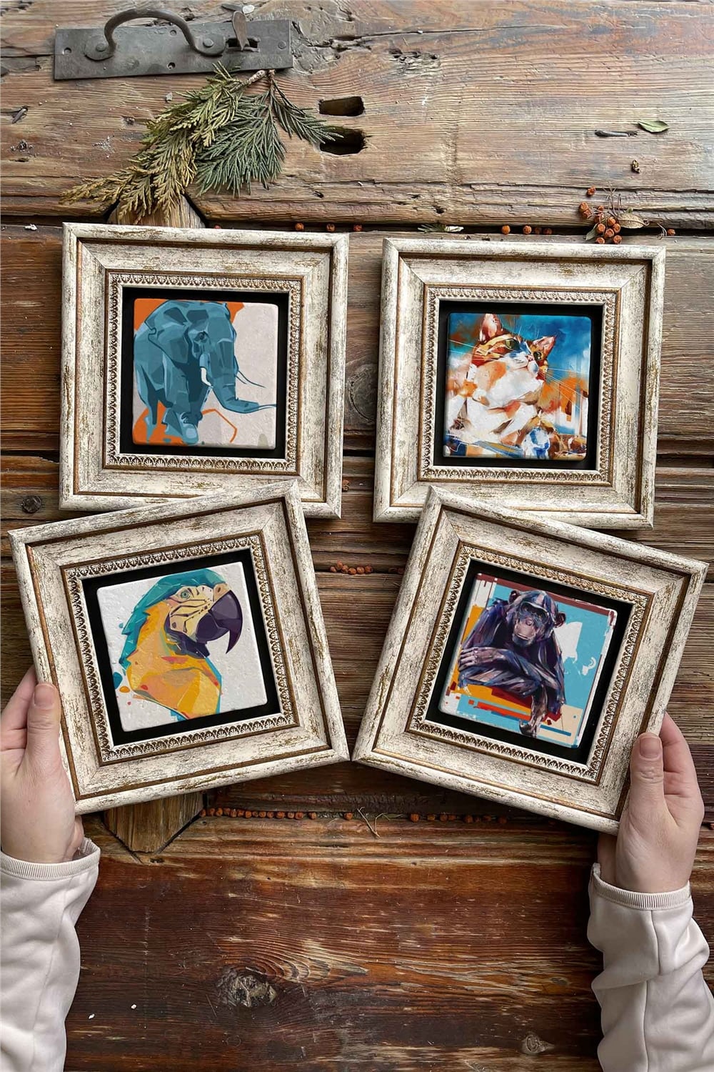 Oscar Stone Decor Çerçeveli Taş Tablo Duvar Dekoru 20x20cm 4'lü Set Fil Kedi Maymun Papağan Seti