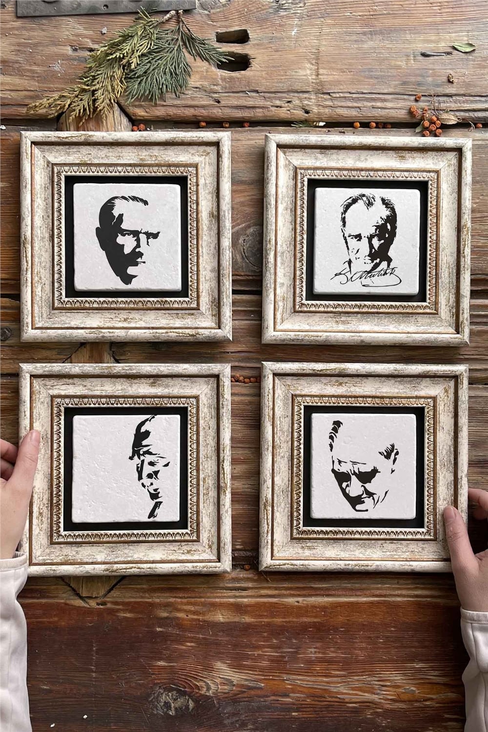 Oscar Stone Decor Çerçeveli Taş Tablo Duvar Dekoru 20x20cm 4'lü Set Atatürk Tabloları Seti