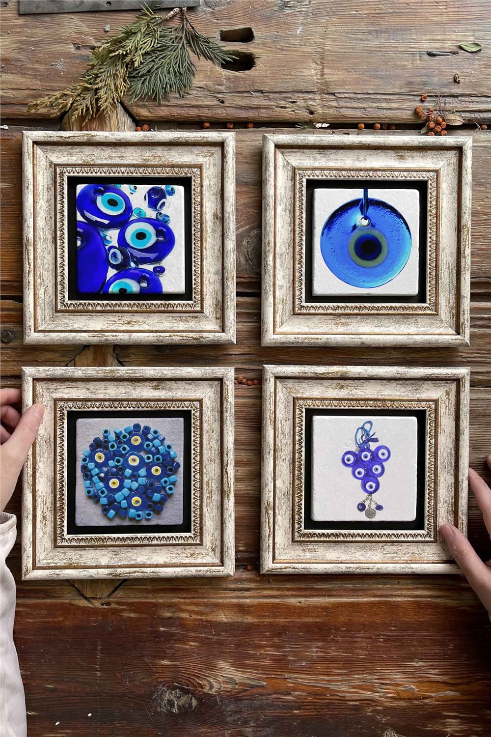 Oscar Stone Decor Çerçeveli Taş Tablo Duvar Dekoru 20x20cm 4'lü Set Nazar Boncuğu Seti