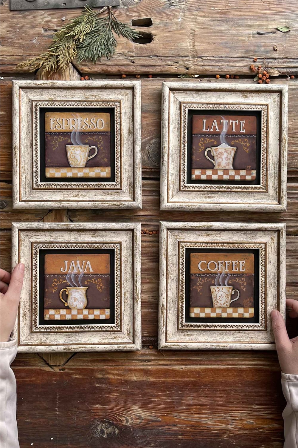 Oscar Stone Decor Çerçeveli Taş Tablo Duvar Dekoru 20x20cm 4'lü Set Espresso Latte Java Coffee Set
