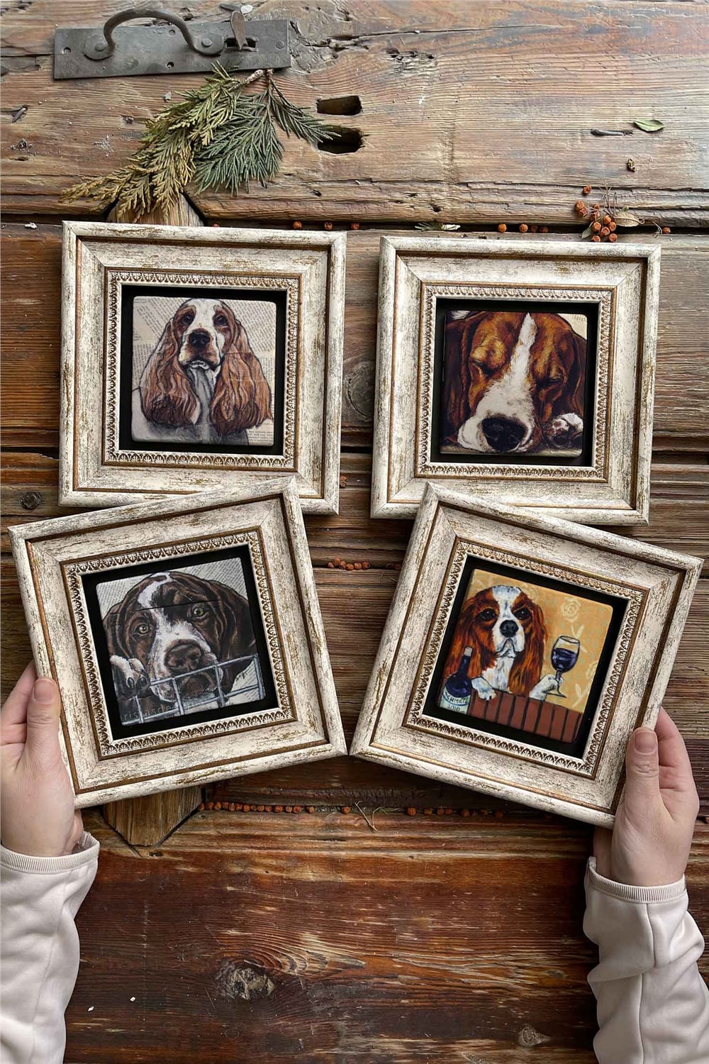 Oscar Stone Decor Çerçeveli Taş Tablo Duvar Dekoru 20x20cm 4'lü Set Köpek Seti