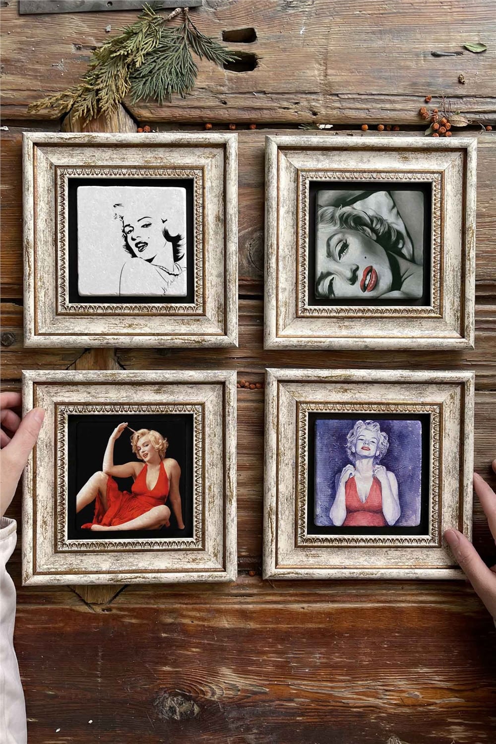 Oscar Stone Decor Çerçeveli Taş Tablo Duvar Dekoru 20x20cm 4'lü Set Marilyn Monreo Set