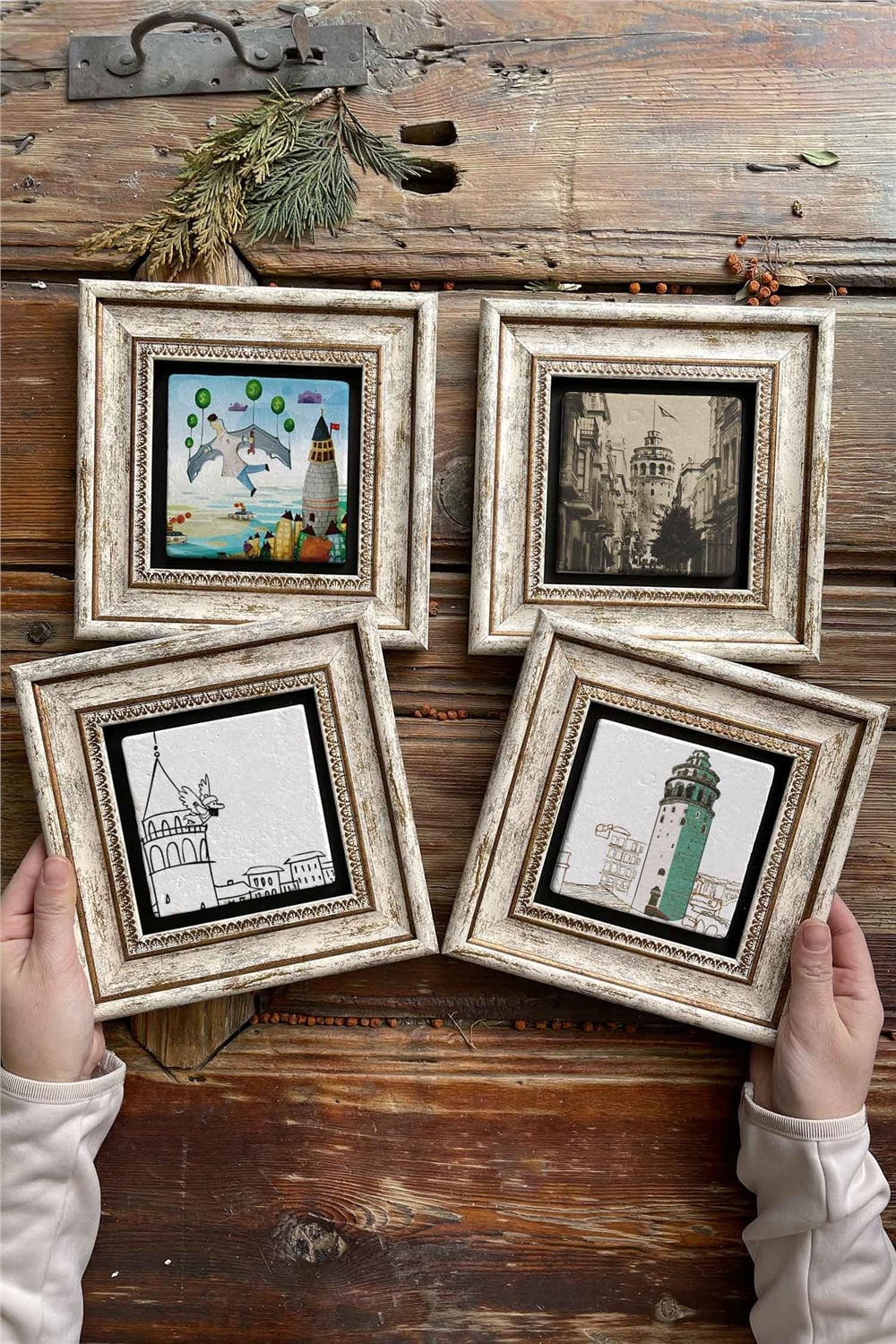 Oscar Stone Decor Çerçeveli Taş Tablo Duvar Dekoru 20x20cm 4'lü Set Galata Kulesi Seti Hazerfen
