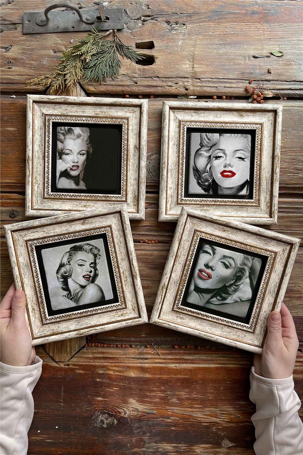 Oscar Stone Decor Çerçeveli Taş Tablo Duvar Dekoru 20x20cm 4'lü Set Marilyn Monreo Set