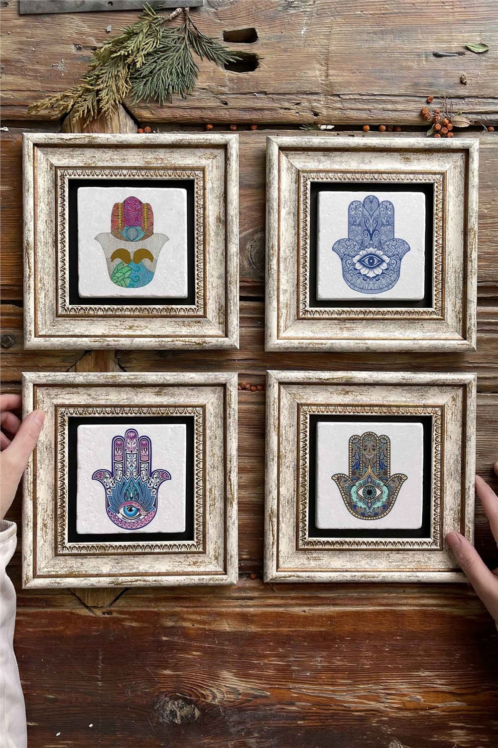 Oscar Stone Decor Çerçeveli Taş Tablo Duvar Dekoru 20x20cm 4'lü Set Fatma Ana Eli Tablosu