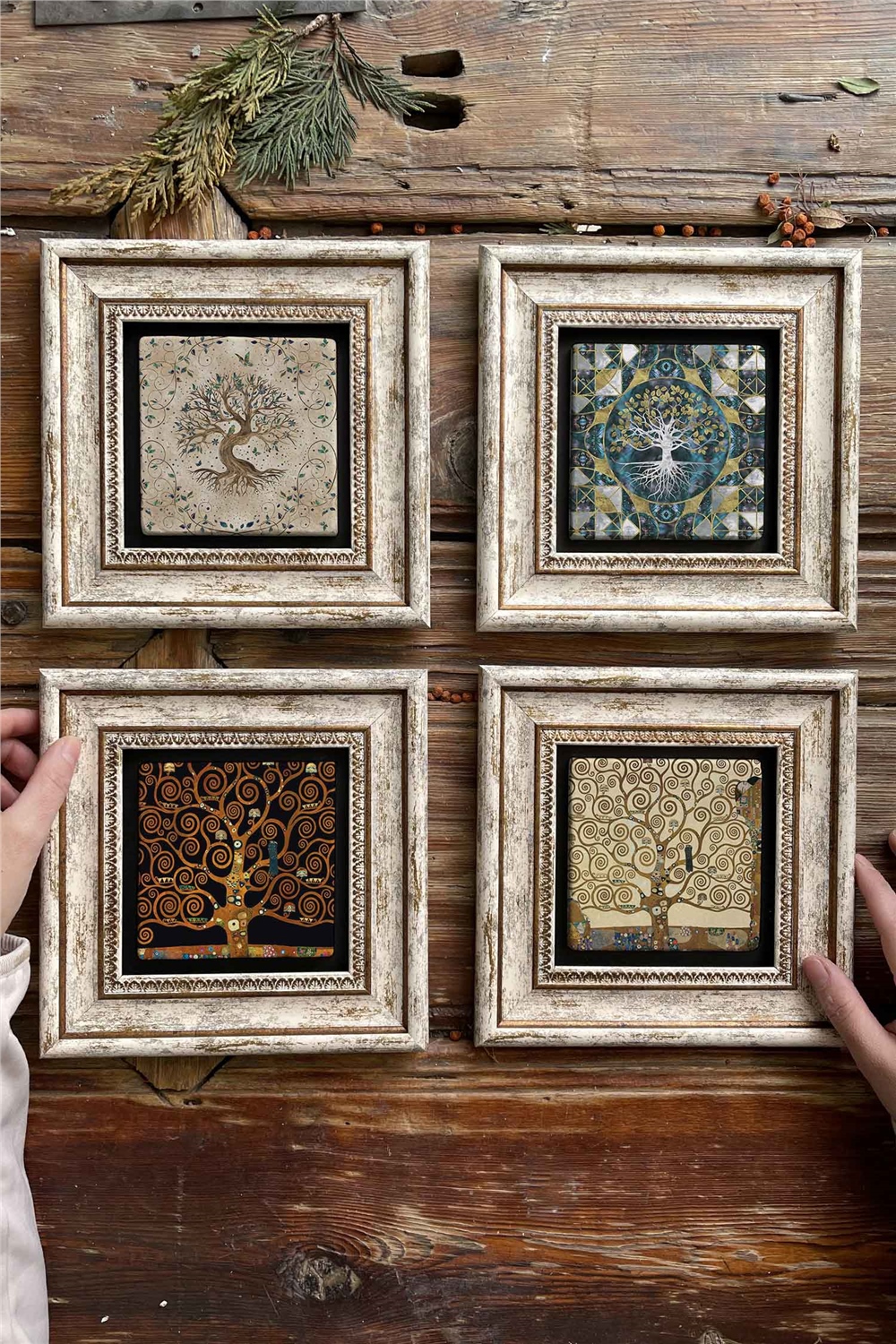 Oscar Stone Decor Çerçeveli Taş Tablo Duvar Dekoru 20x20cm 4'lü Set Hayat Ağacı Seti