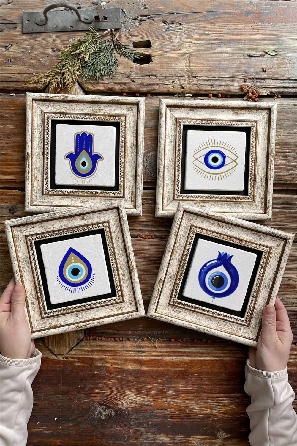 Oscar Stone Decor Çerçeveli Taş Tablo Duvar Dekoru 20x20cm 4'lü Set Nazar Göz Seti