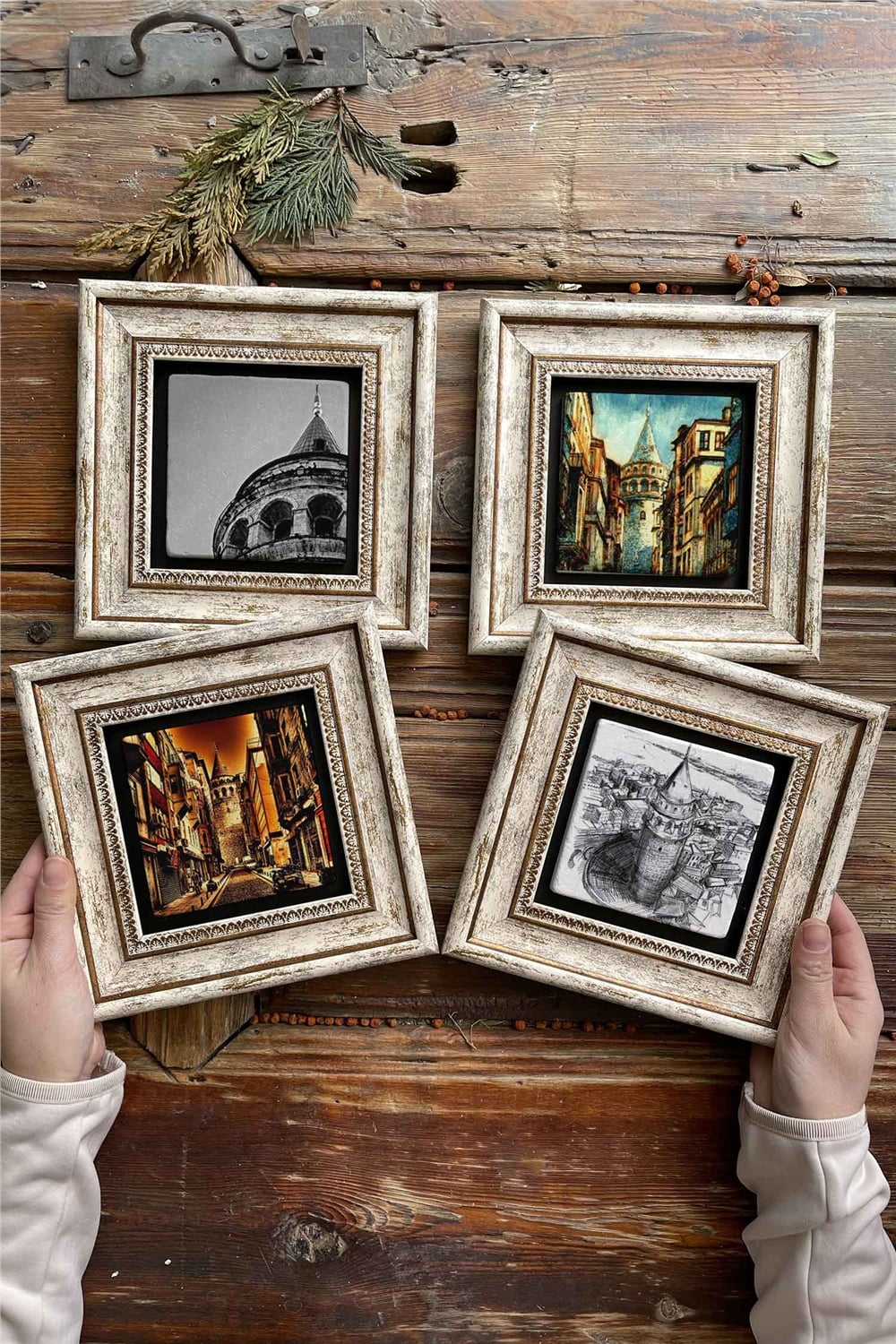 Oscar Stone Decor Çerçeveli Taş Tablo Duvar Dekoru 20x20cm 4'lü Set Galata Kulesi Seti Hazerfen